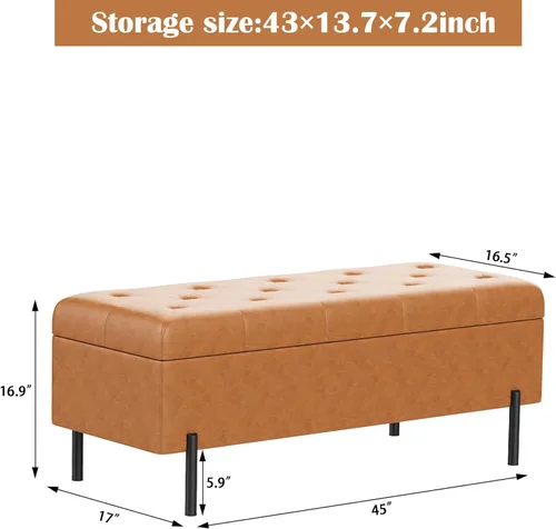 Miniatura 3 de Banco otomano con almacenamiento, banco de almacenamiento tapizado copetudo para dormitorio, sala de estar, piel sintética, largo, otomano, marrón