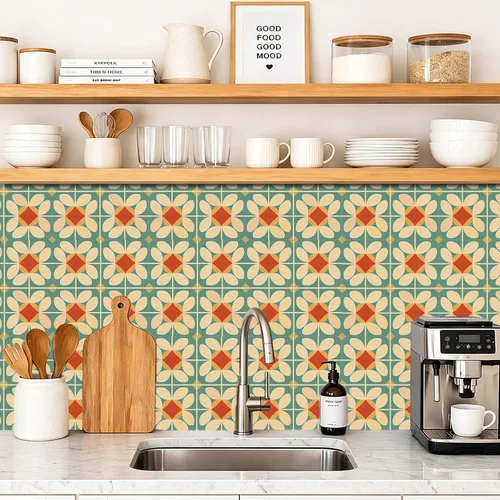 Miniatura 3 de IVN 10 PIEZAS 12x12 Pulgadas Azulejos de Piso con Patrón Floral Retro de Despegar y Pegar, Adhesivos Vinilo Desmontables y Autoadhesivos