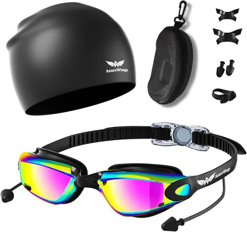 Miniatura 13 de Gafas de natación 7 en 1 + gorro de natación para hombres y mujeres, sin fugas, antivaho y UV, lente de PC con espejo HD de visión amplia