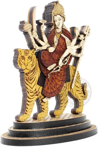 Miniatura 3 de Estatua tallada en madera Durga Maa de 4 pulgadas en maderas duras exóticas - Ídolo Durga MATA de madera multicapa hecho a mano con león