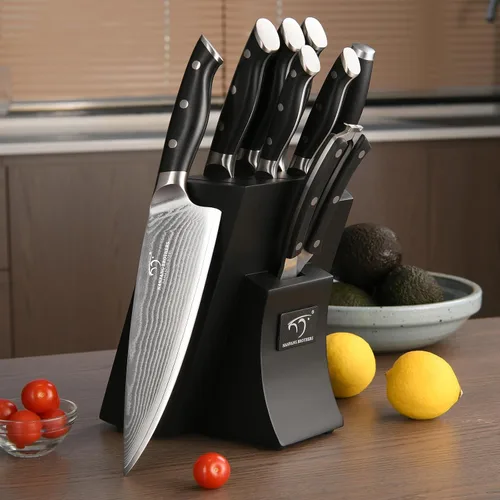 Miniatura 6 de NANFANG BROTHERS Juego de cuchillos de cocina de Damasco de 9 piezas con bloque, mango ergonómico ABS para juego de cuchillos de chef, afilador