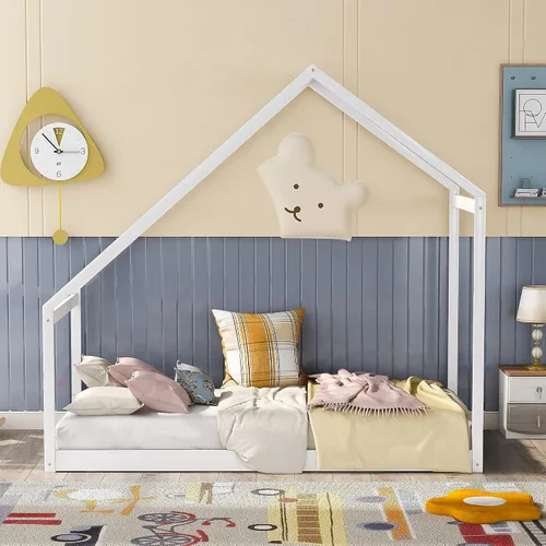 Miniatura 8 de SOFTSEA Cama de plataforma de casa doble, plataforma baja para cama de suelo, fácil montaje