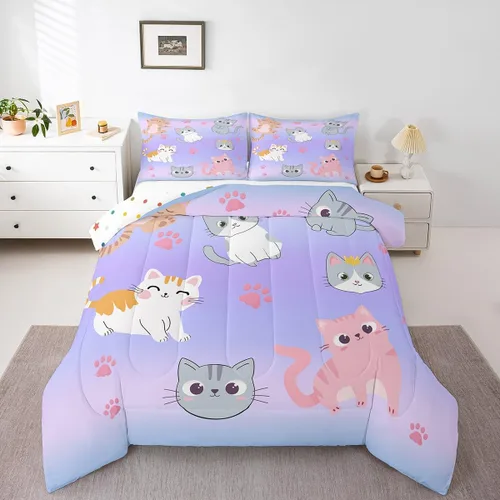 Miniatura 59 de Erosebridal Juego de ropa de cama para niños, tamaño individual, diseño de gatos de dibujos animados, para niñas, niños y adolescentes, edredón