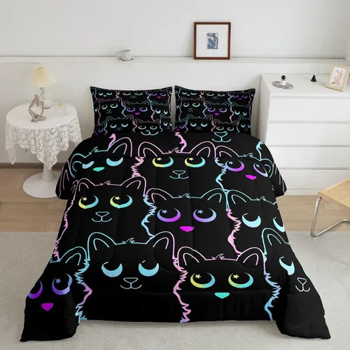 Miniatura 2 de Feelyou Juego de ropa de cama de gato negro para niños, adolescentes, tamaño individual, línea degradada, lindo juego de edredón de gato para niños