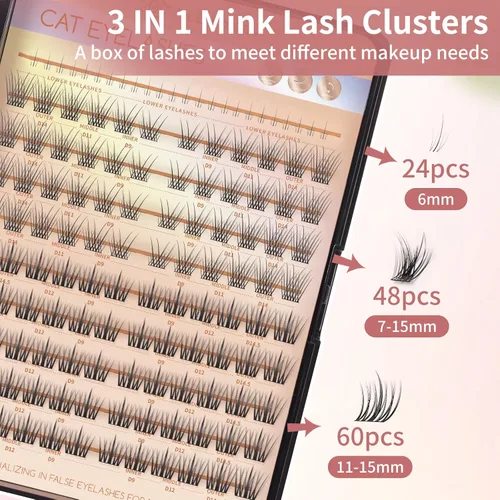Miniatura 3 de MLEN DIARY 132 racimos de pestañas de ojo de zorro, pestañas de ojo de gato, extensiones de pestañas individuales con pestañas inferiores, rizo 4D