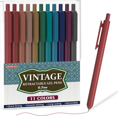 Shuttle Art Bolígrafos de gel retráctiles de colores, 11 colores de tinta vintage oscuros únicos, lindos bolígrafos de 0,7 mm de punta media de 11