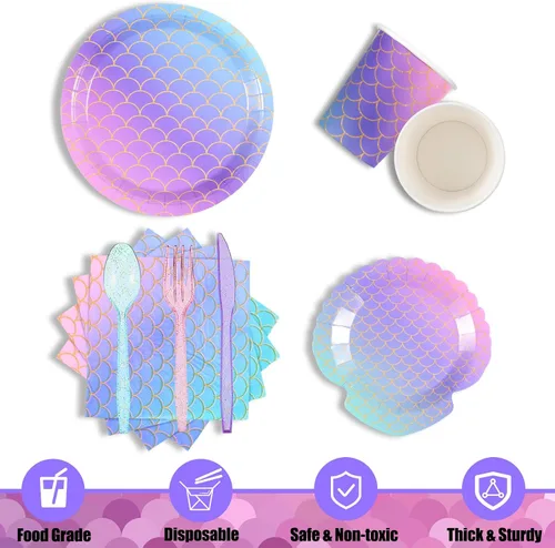 Miniatura 5 de Roshtia 172 piezas de suministros para fiesta de cumpleaños de sirena, sirven 24 platos bajo el mar, servilletas, color rosa y morado, pancarta