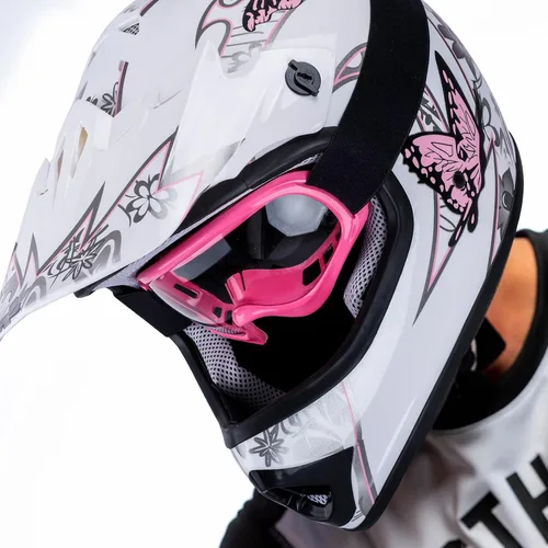 Miniatura 5 de Juego de casco DOT con gafas y guantes para motocross, cuatrimoto y vehículos todoterreno para niños y jóvenes, diseño de mariposa rosada, talla M