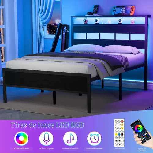 Miniatura 6 de Furnulem Base de cama de tamaño matrimonial con luz LED y estación de carga, cabecera de almacenamiento de madera con estantes de 2 niveles, cama