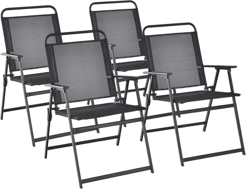Miniatura 10 de Tangkula Juego de 2 sillas plegables para exteriores, sillas de comedor de patio con asiento de tela transpirable y reposabrazos acogedores, marco