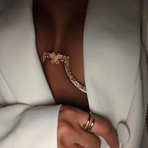 Jeweky Cadena de cuerpo con diamantes de imitación dorados, soporte de pecho, cadenas de brasier, joyería para el cuerpo, bikini, discoteca,