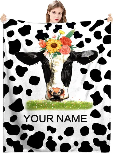 Miniatura 12 de Manta personalizada con estampado de vaca con nombre, texto personalizado, manta de vaca suave, cálida y acogedora manta de franela con estampado