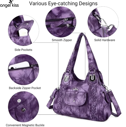 Miniatura 6 de Angelkiss - Bolsos y bolsos de mano para mujer, de cuero vegano lavado, bolso cruzado de hombro