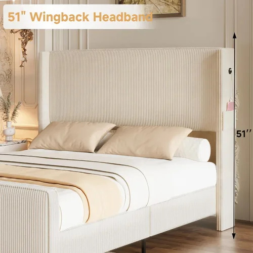 Miniatura 3 de Marco de Cama Tamaño King y Cabecero, Marco de Cama King Tapizada con Cabecero Alto Tipo Wingback y Piecera, Puertos USB, Fácil Montaje, Beige