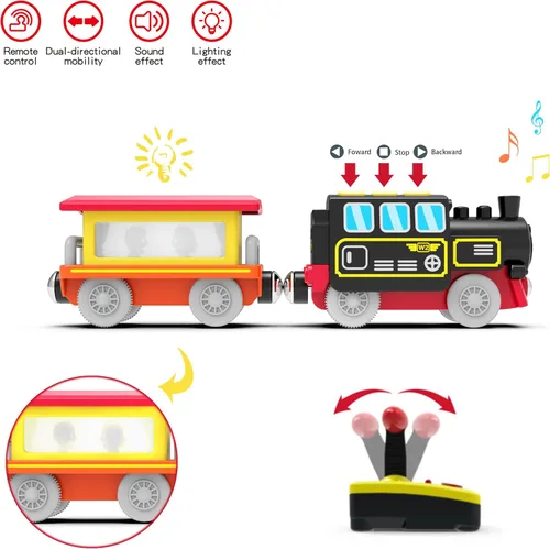 Miniatura 7 de Tren a pilas para pistas de madera, juguetes de tren motorizado para juego de vías de ferrocarril, juguete de tren eléctrico con tren de control