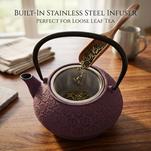 Miniatura 6 de Tetera de hierro fundido de 30 onzas, forro esmaltado con infusor de metal, tetera de té, morado