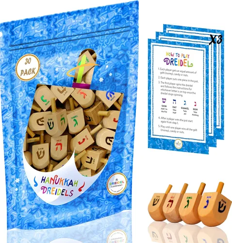 Miniatura 8 de Paquete de 10 Dreidels Hanukkah Draydel de madera natural con tarjetas de transliteración e instrucciones en inglés