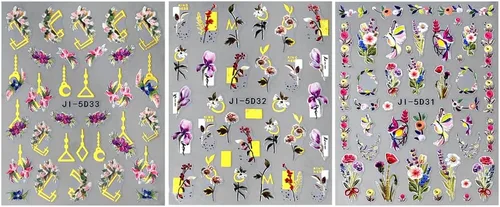 Miniatura 2 de Calcomanías de uñas bronceadas en relieve 5D, 3 hojas de flores de primavera, hierba, pájaro, calcomanías de arte de uñas, accesorios de uñas