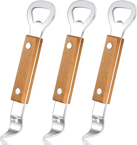 HANCELANT Abrebotellas con punzón para latas, abridor de latas manual de acero inoxidable, paquete de 3 Madera clara