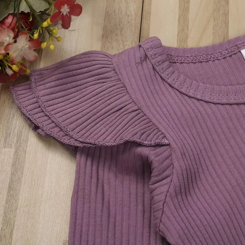 Miniatura 4 de Ropa para bebé y niña, acanalado, con volantes, manga larga, mameluco, pantalones acampanados, color sólido, otoño, invierno, trajes de 2 piezas