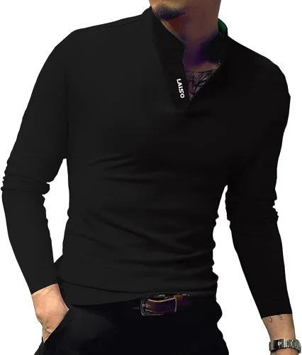 Miniatura 2 de LOGEEYAR Camisa polo de moda para hombre, de manga larga, ajustada, Henley, ropa de algodón piqué
