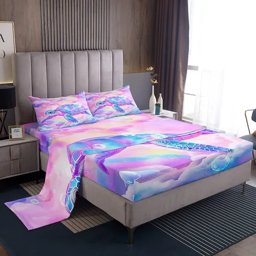 Miniatura 21 de Erosebridal Sábanas de sirena azul para niñas, juego de sábanas de unicornio lindo tamaño matrimonial, 4 piezas para niños, sábanas de arcoíris