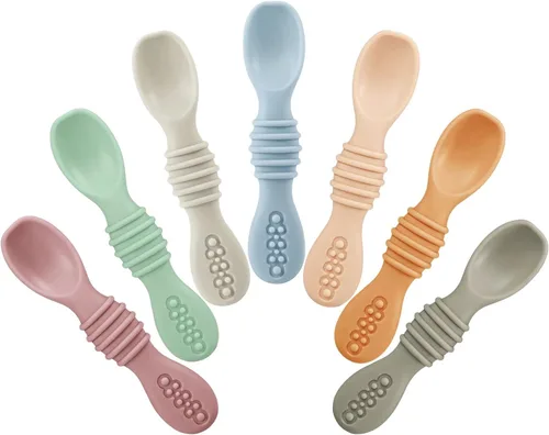 PandaEar Paquete de 7 cucharas de destete LED para bebé, cucharas de silicona para bebés, utensilios de autoalimentación, cuchara de alimentación