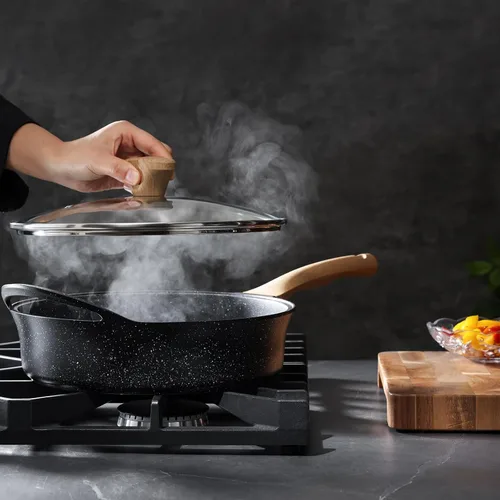 Miniatura 7 de Sartén antiadherente profunda con tapa, sartén con revestimiento de granito suizo de 4.5 cuartos de galón, sartén antiadherente saludable de 12