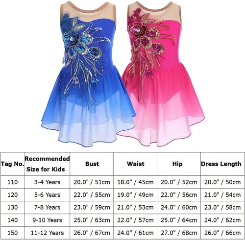 Miniatura 4 de Vestido de patinaje artístico sobre hielo para niñas, lentejuelas brillantes, malla transparente, gasa, ballet, danza, leotardo, trajes de bailarina