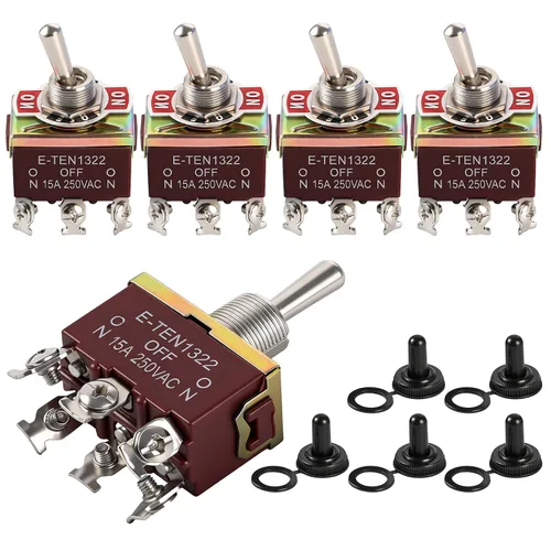 5Pack 6 Pin Waterproof Toggle Switch 3 Position ON-Off-ON 30A 12VDC/15A 250VAC Marine DPDT Toggle Switch with Weatherproof Boot Cap Cover for Car
