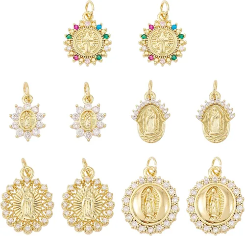 Cheriswelry 10 dijes milagrosos de latón de oro de 18 quilates, circonita cúbica, para madre y maría, ovalados, de 0.51 a 0.79 pulgadas para Virgen