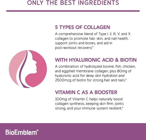 Miniatura 2 de BioEmblem Beauty Collagen - Complejo de colágeno múltiple, ácido hialurónico, vitamina C y biotina, fuentes de membrana bovino, pescado, caldo