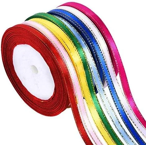 Shappy 8 rollos de cinta de satén de 1/4 pulgadas por 25 yardas, cinta de tela de doble cara con bordes dorados, 8 colores