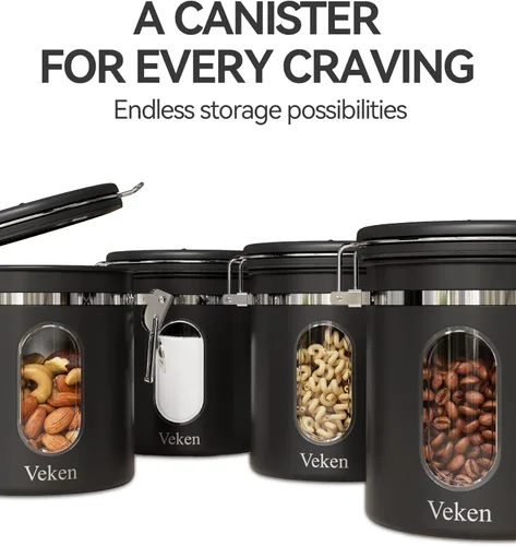 Miniatura 8 de Veken Recipiente de café con ventana, recipiente hermético de almacenamiento de alimentos de cocina de acero inoxidable con tapas, rastreador