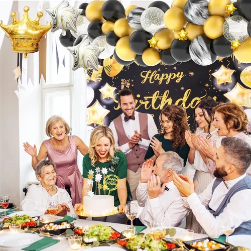Miniatura 4 de Decoraciones de cumpleaños doradas y negras – Cartel feliz, guirnalda de arco de globos para hombres, mujeres, niñas, dulces 16, 21, 30, 40, 50