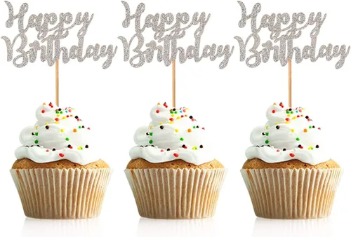 Miniatura 9 de 48 piezas de decoración para cupcakes de feliz cumpleaños, color negro, con purpurina, suministros de decoración de fiesta de cumpleaños