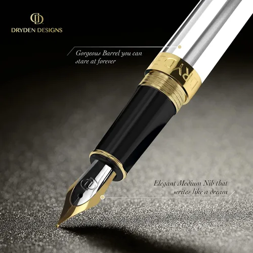 Miniatura 4 de Dryden Designs Pluma estilográfica. Caja premium de punta mediana 6 cartuchos de tinta incluidos (blanco perla)