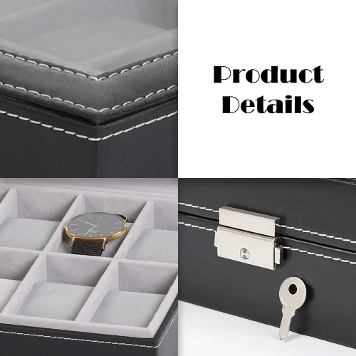 Miniatura 4 de LIANTRAL Caja de reloj para hombre regalo de San Valentín para él 12 ranuras de cuero organizador de reloj parte superior de cristal negro