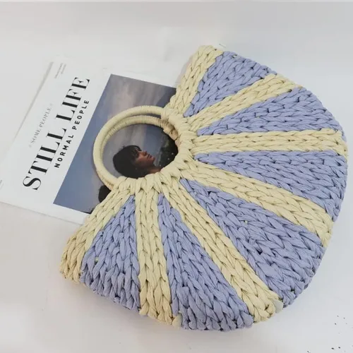 Miniatura 4 de Bolsos de paja de ratán semicírculo, tejido a mano para mujer, bolso de asas retro de paja de verano, bolso cruzado colorido, bolso bohemio