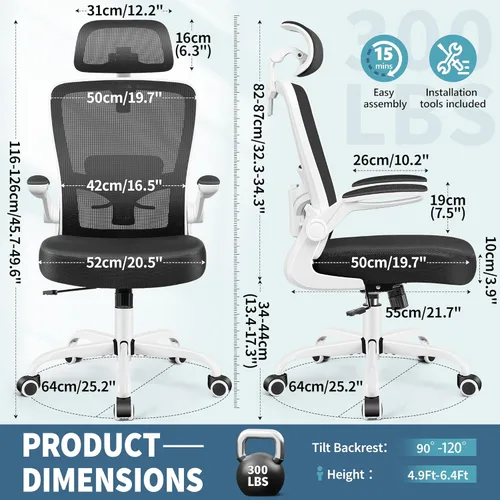 Miniatura 3 de FelixKing Silla de oficina, Silla de escritorio con soporte lumbar ajustable, Silla de computadora ergonómica con respaldo alto y apoyabrazos, Silla