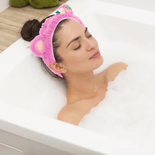 Miniatura 7 de CAVETEE Diadema, juego de 3 piezas de diadema y pulsera de oso de peluche rosa esponjoso para maquillaje para mujeres, juego de diadema y pulsera