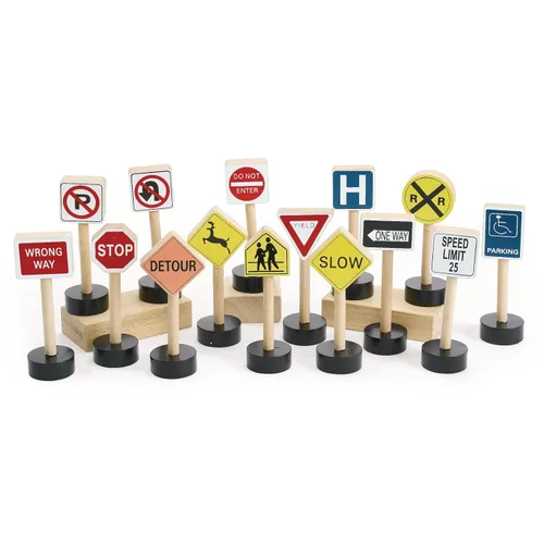 Excellerations Juego de letreros de madera de alta calidad para niños, 15 piezas, 5.5 pulgadas de alto, compatible con juegos de trenes para niños,