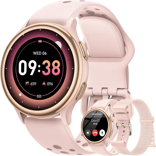 Relojes inteligentes para mujer (respuesta/hacer llamadas), monitor de actividad de pantalla AMOLED de 1.27 pulgadas con monitor de frecuencia Rosa