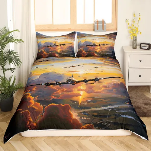 Erosebridal Juego de ropa de cama con diseño de avión tamaño individual, funda de edredón con estampado de avión para niños, adolescentes y adultos,