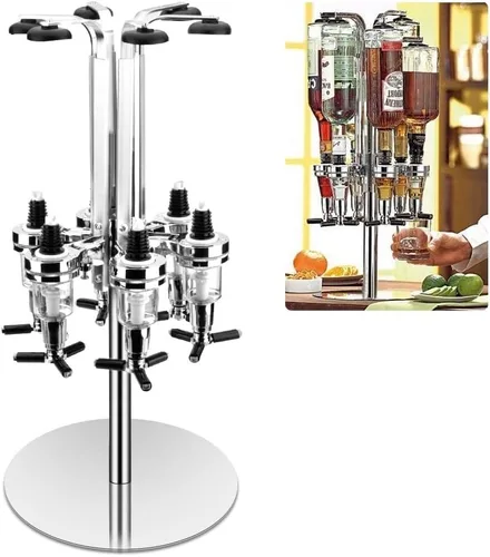 Dispensador de licor, barra de alcohol, soporte giratorio de licor de acero inoxidable, 6 botellas, dispensador de licor giratorio profesional