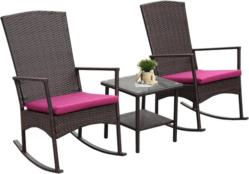 Miniatura 9 de Mecedora de mimbre de polietileno para exteriores, juego de 3 piezas, 2 sillones mecedores, mesa auxiliar de café, muebles lavables con cordones