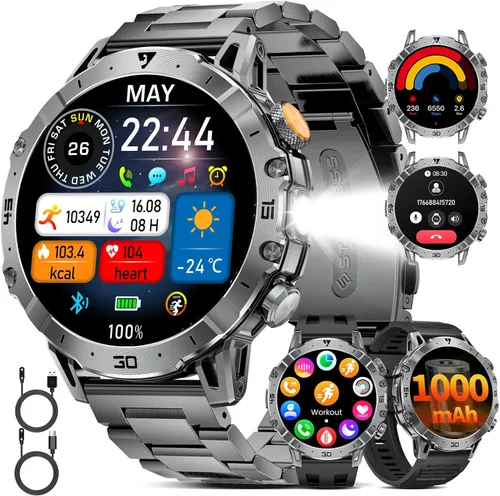 Reloj inteligente militar para hombre, reloj inteligente HD de 1.85 pulgadas, batería grande de 1000 mAh, linterna LED/más de 100 modos deportivos