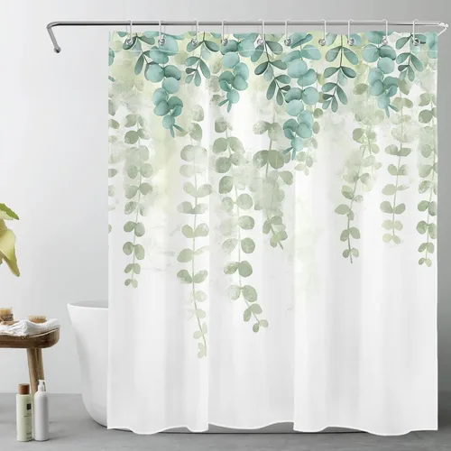 LB Cortina de ducha con hojas de eucalipto y plantas verdes, cortina de baño con hojas botánicas en la parte superior, 60 x 72 pulgadas, cortina de