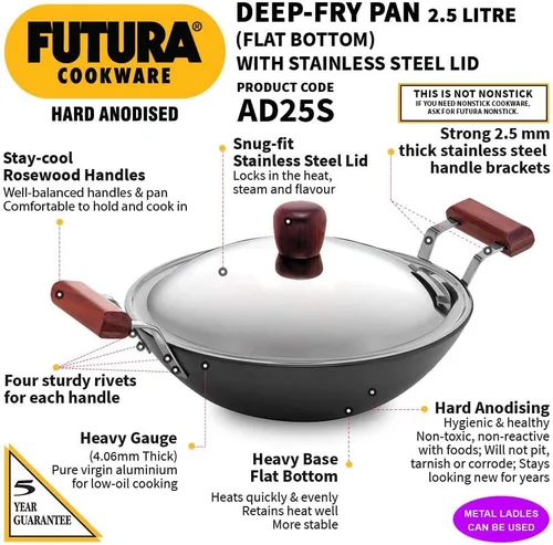 Miniatura 2 de Hawkins Futura - Sartén profunda de 2,5 litros, anodizado duro con tapa de acero inoxidable, Kadhai de fondo plano, color negro (AD25S)