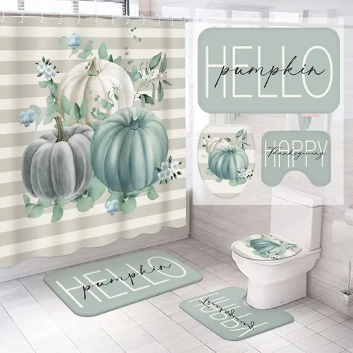 Preboun Juego de 4 piezas de cortinas de ducha de otoño, calabaza azul, 72 x 72 pulgadas, cortina de baño de granja otoñal con 12 ganchos, alfombra
